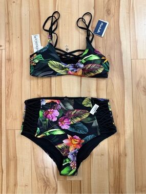 TiniBikini Reversible Black High-Waist Floral Bikini with Pink & Orange Blooms